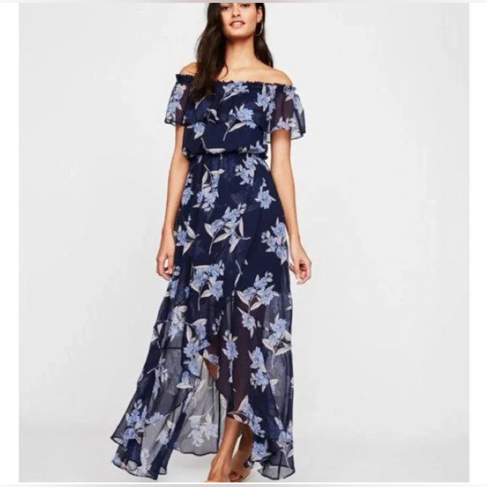 Express Navy ruffle Floral Off-Shoulder Maxi Dress. Size small